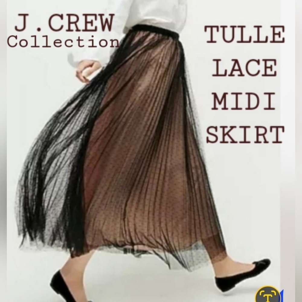 J. CREW Polkadot Black Lace Tulle Sheer Overlays Nude Slip Ballet Midi Skirt EUC